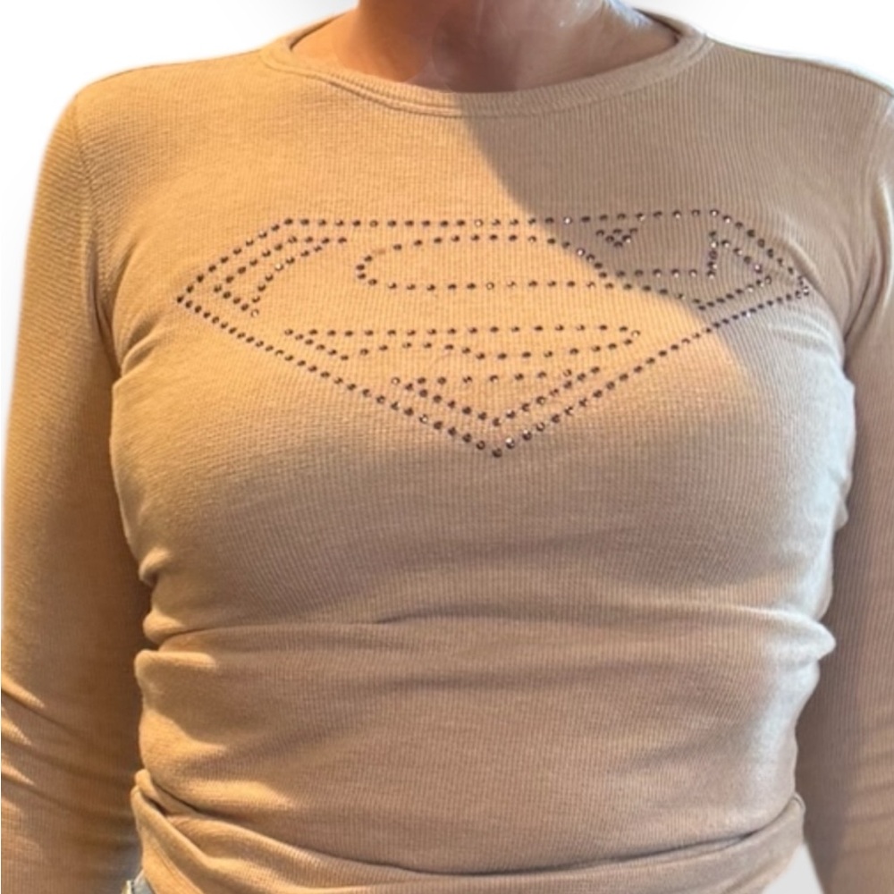 Superman Top Tee Tan Long Sleeve Top with Embellished Logo DC Comics Small